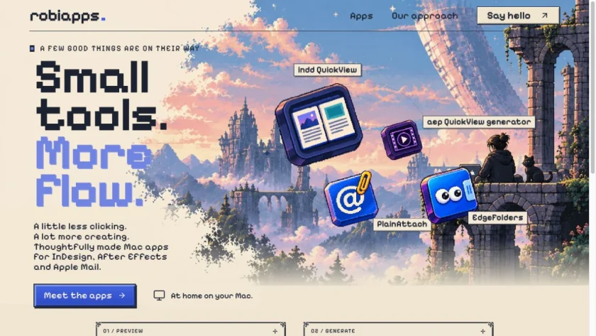 Podgląd strony RobiApps: aplikacje macOS na tle ilustracji w stylu pixel art